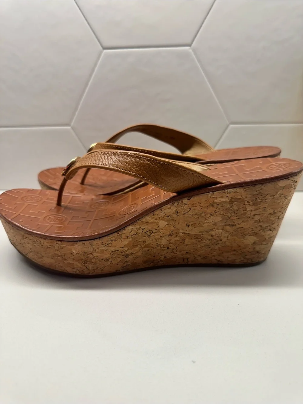 Tory Burch Tan Leather Logo Thong Sandals with Gold-Toned Emblem